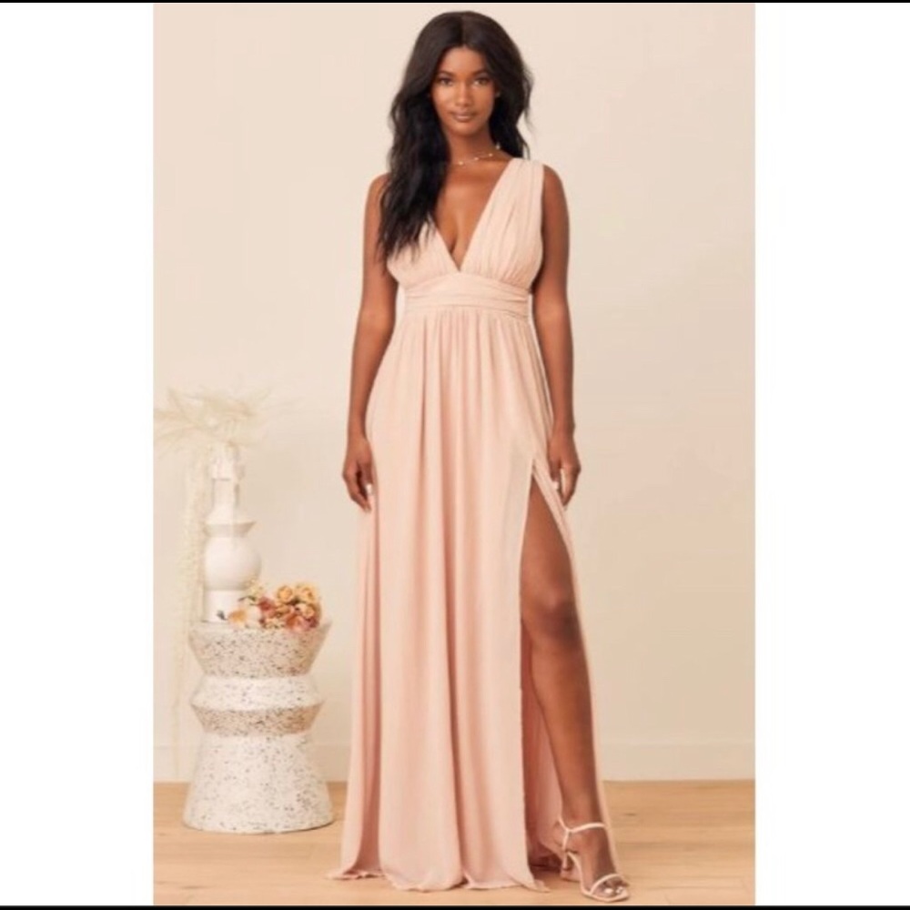 Lulus Plunging V-Neck Chiffon Gown Blush Pink Women's Size XL